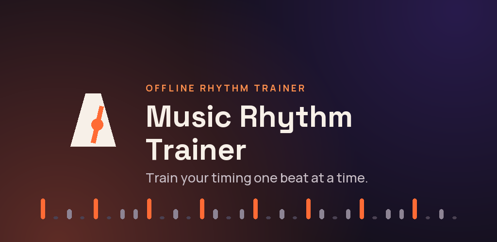 Music Rhythm Trainer artwork with a glowing rhythm pattern on a dark studio background
